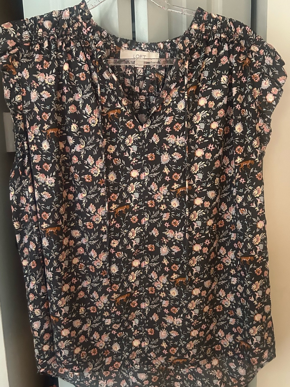 LOFT Navy Floral Tie-Front Cap Sleeve Blouse